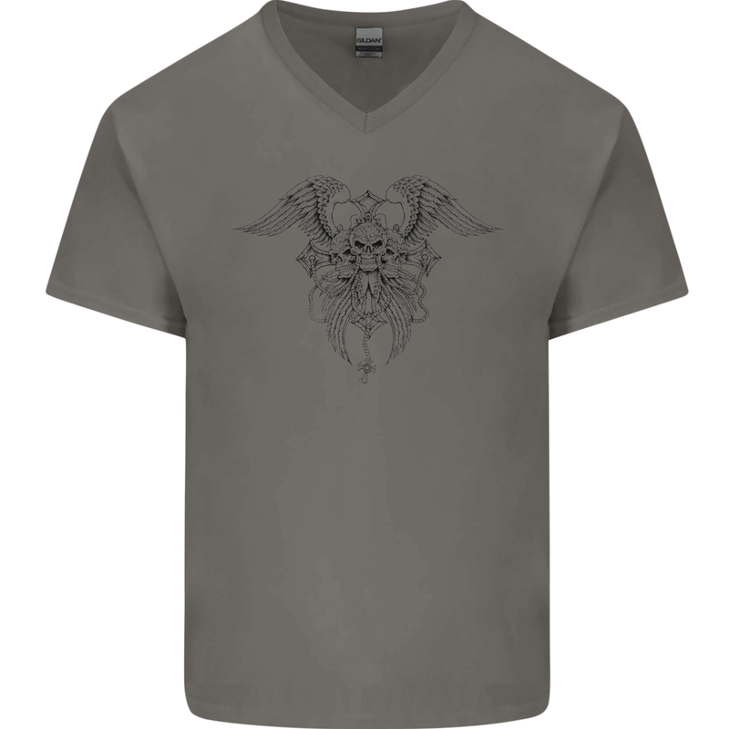 Cross Skull Wings Gothic Biker Heavy Metal Mens V-Neck Cotton T-Shirt Charcoal