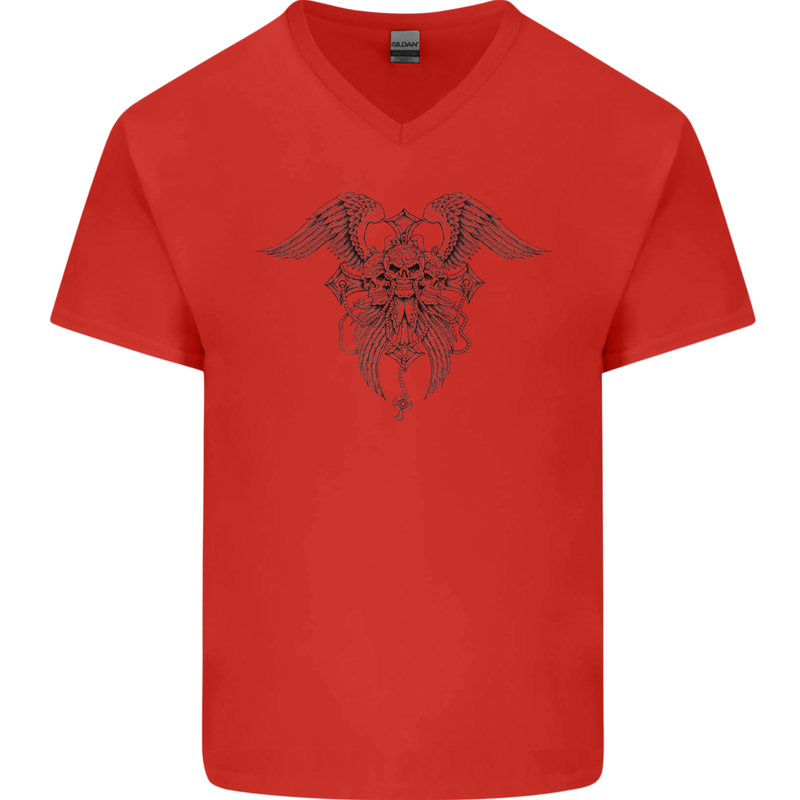 Cross Skull Wings Gothic Biker Heavy Metal Mens V-Neck Cotton T-Shirt Red
