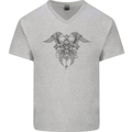 Cross Skull Wings Gothic Biker Heavy Metal Mens V-Neck Cotton T-Shirt Sports Grey