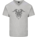 Cross Skull Wings Gothic Biker Heavy Metal Mens V-Neck Cotton T-Shirt Sports Grey