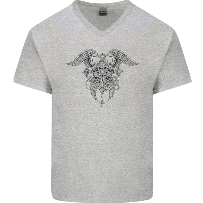 Cross Skull Wings Gothic Biker Heavy Metal Mens V-Neck Cotton T-Shirt Sports Grey