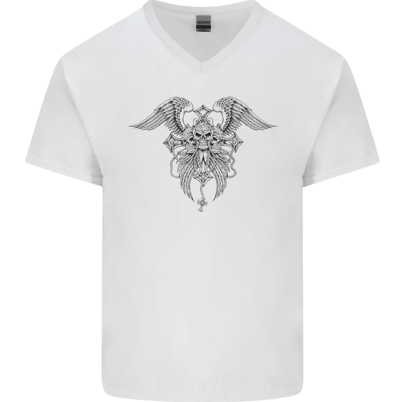 Cross Skull Wings Gothic Biker Heavy Metal Mens V-Neck Cotton T-Shirt White