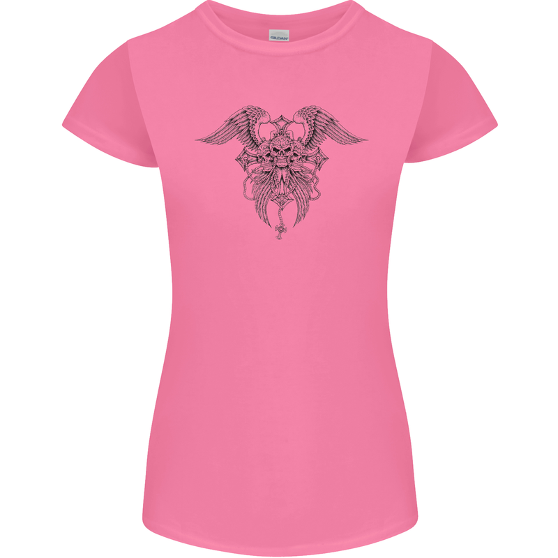 Cross Skull Wings Gothic Biker Heavy Metal Womens Petite Cut T-Shirt Azalea