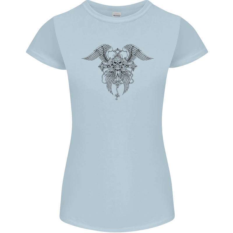 Cross Skull Wings Gothic Biker Heavy Metal Womens Petite Cut T-Shirt Light Blue