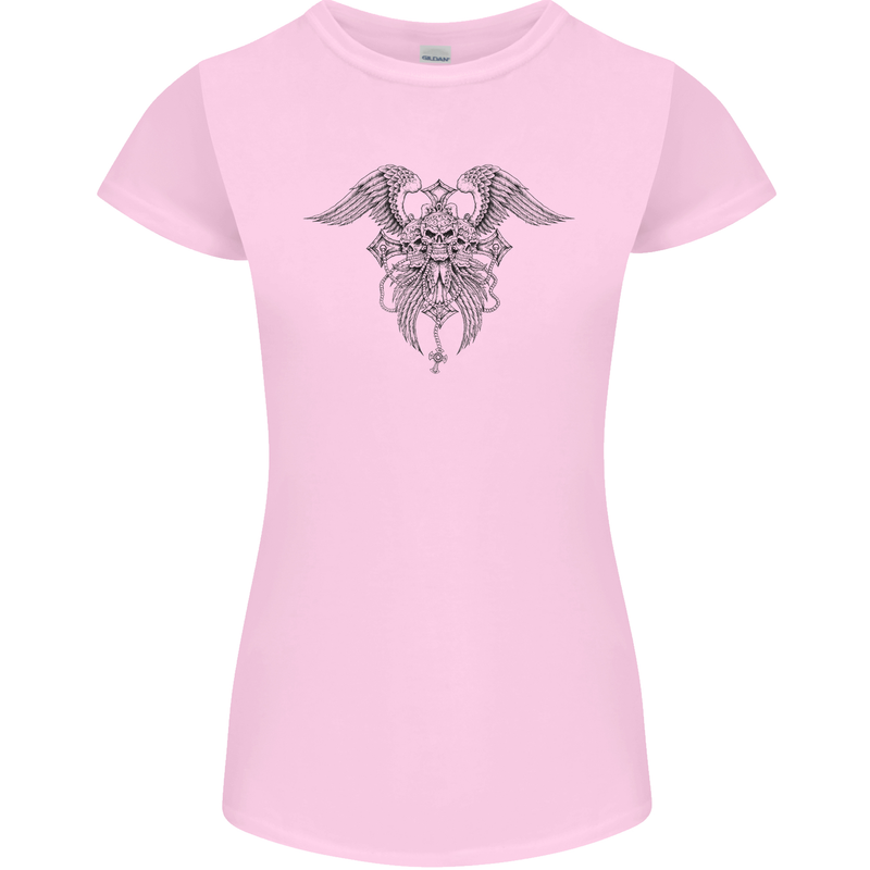 Cross Skull Wings Gothic Biker Heavy Metal Womens Petite Cut T-Shirt Light Pink