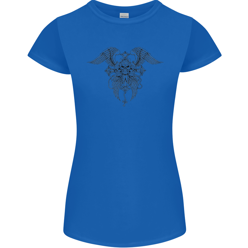 Cross Skull Wings Gothic Biker Heavy Metal Womens Petite Cut T-Shirt Royal Blue
