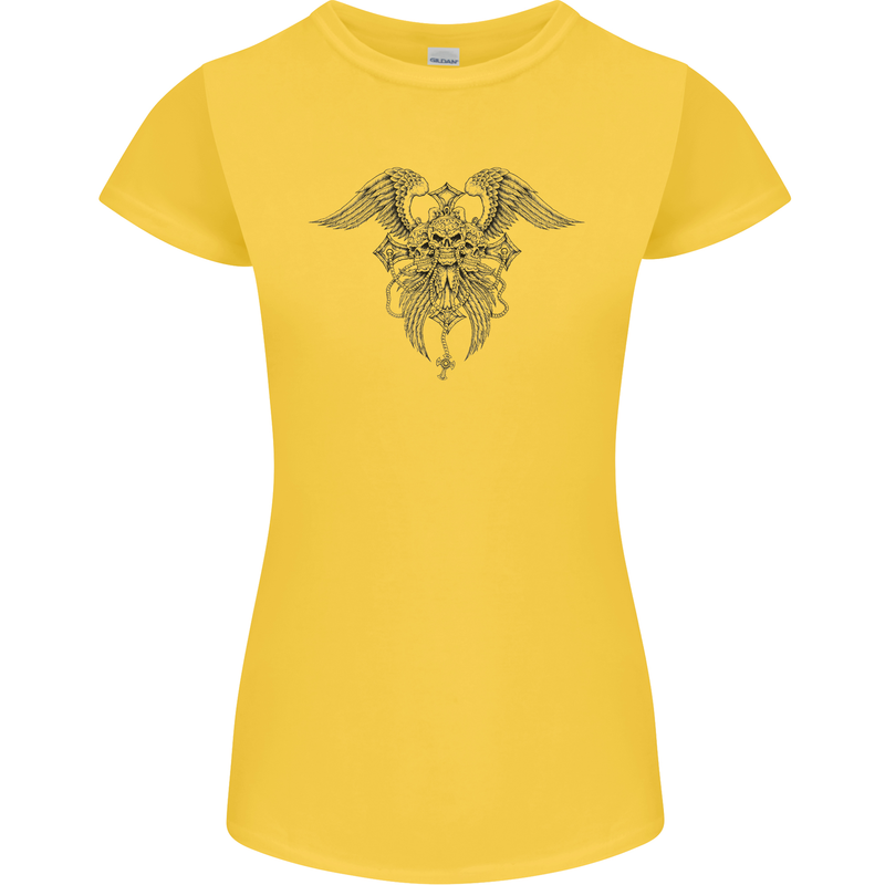 Cross Skull Wings Gothic Biker Heavy Metal Womens Petite Cut T-Shirt Yellow