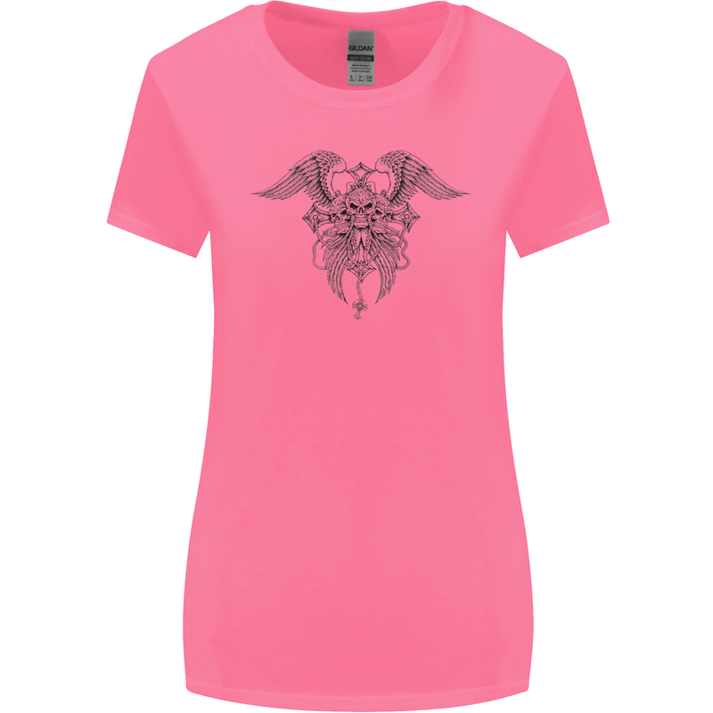 Cross Skull Wings Gothic Biker Heavy Metal Womens Wider Cut T-Shirt Azalea