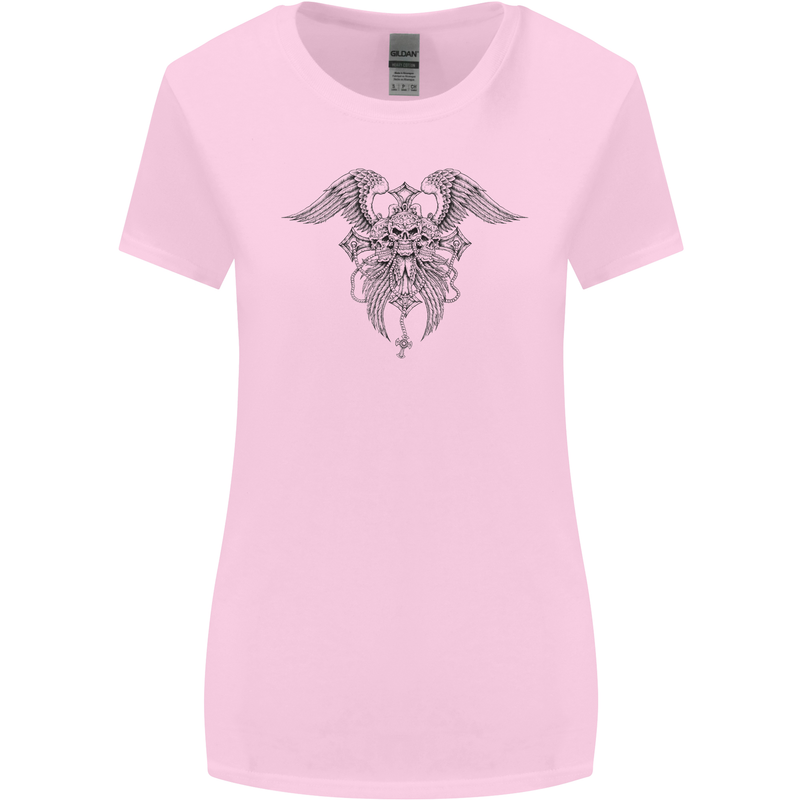 Cross Skull Wings Gothic Biker Heavy Metal Womens Wider Cut T-Shirt Light Pink