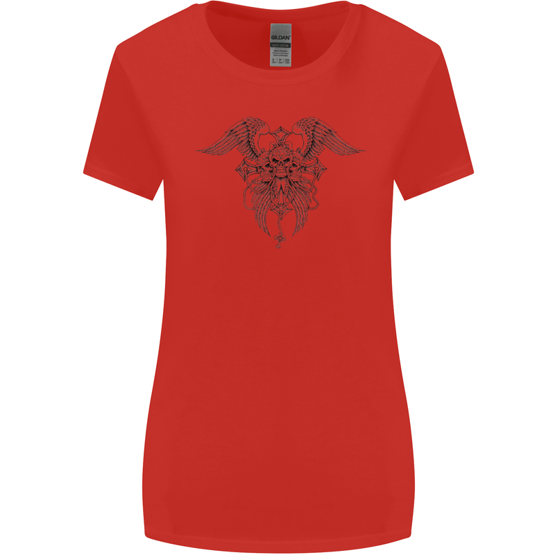 Cross Skull Wings Gothic Biker Heavy Metal Womens Wider Cut T-Shirt Red