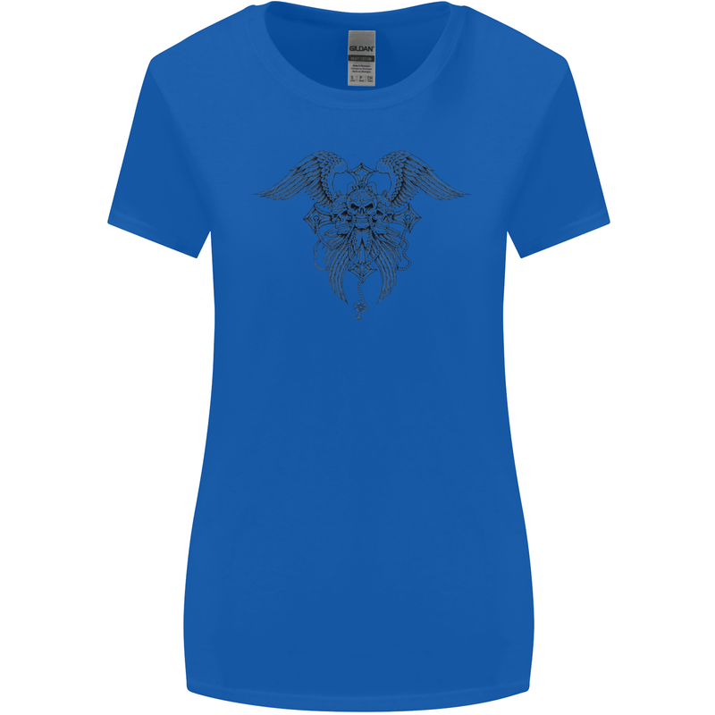 Cross Skull Wings Gothic Biker Heavy Metal Womens Wider Cut T-Shirt Royal Blue