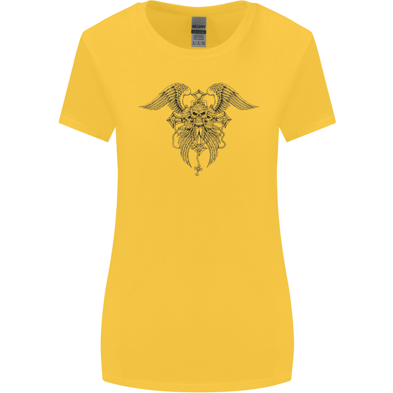 Cross Skull Wings Gothic Biker Heavy Metal Womens Wider Cut T-Shirt Yellow