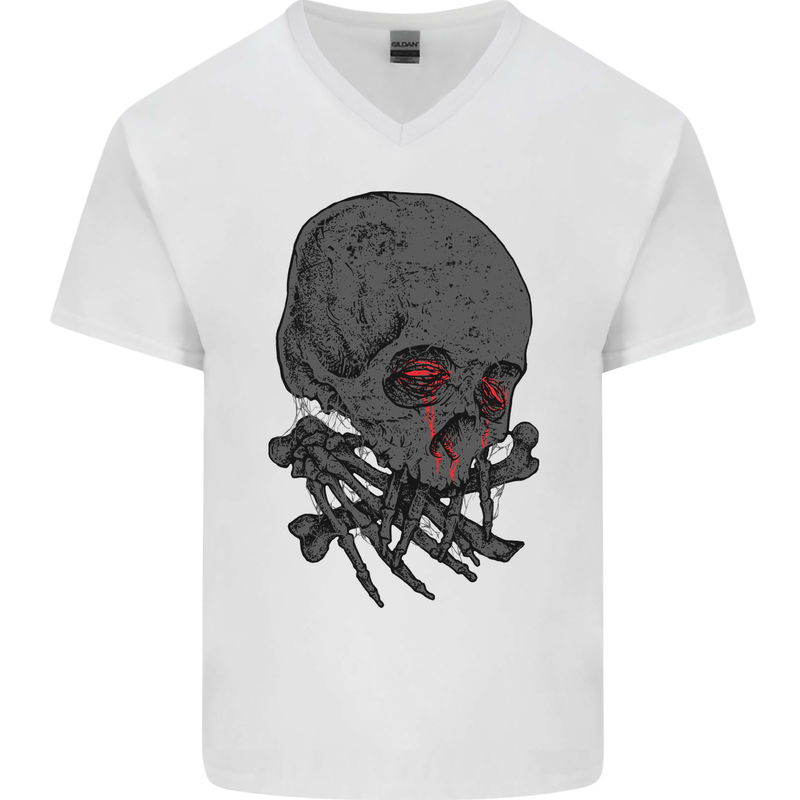 Crying Blood Skull Mens V-Neck Cotton T-Shirt White