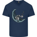 Cryptocurrency Mining the Moon Mens V-Neck Cotton T-Shirt Navy Blue
