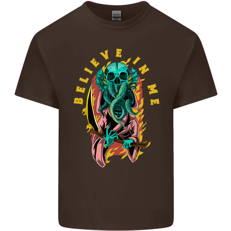 Cthulhu Believe in Me Octopus Kraken Skull Mens Cotton T-Shirt Tee Top Dark Chocolate