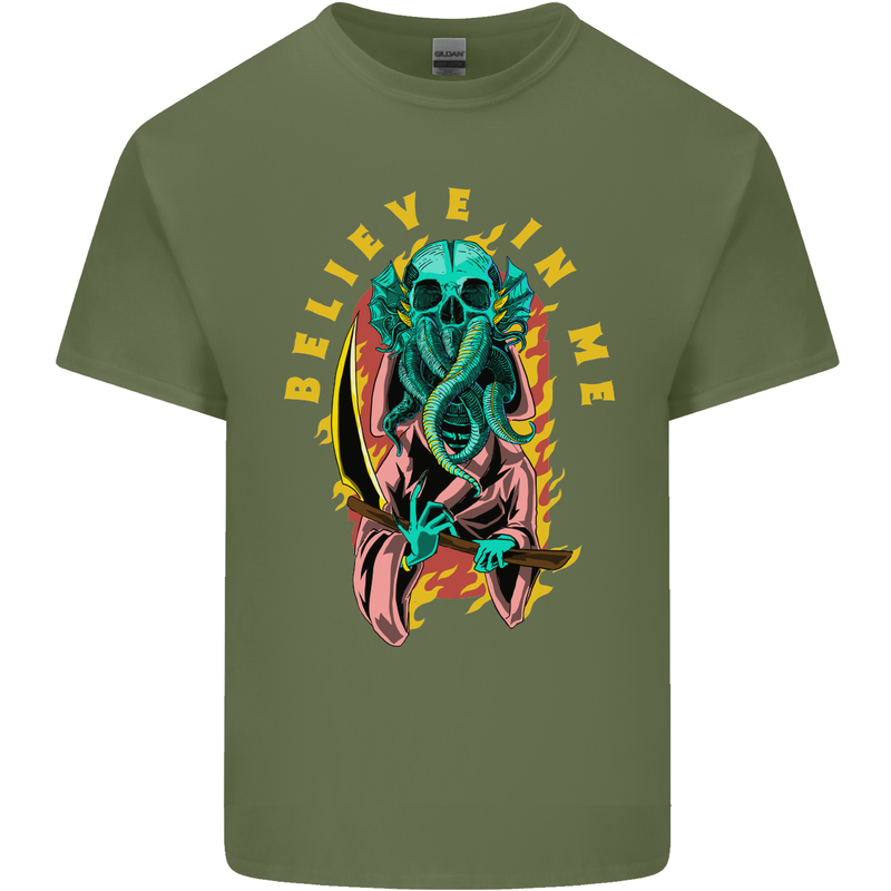 Cthulhu Believe in Me Octopus Kraken Skull Mens Cotton T-Shirt Tee Top Military Green