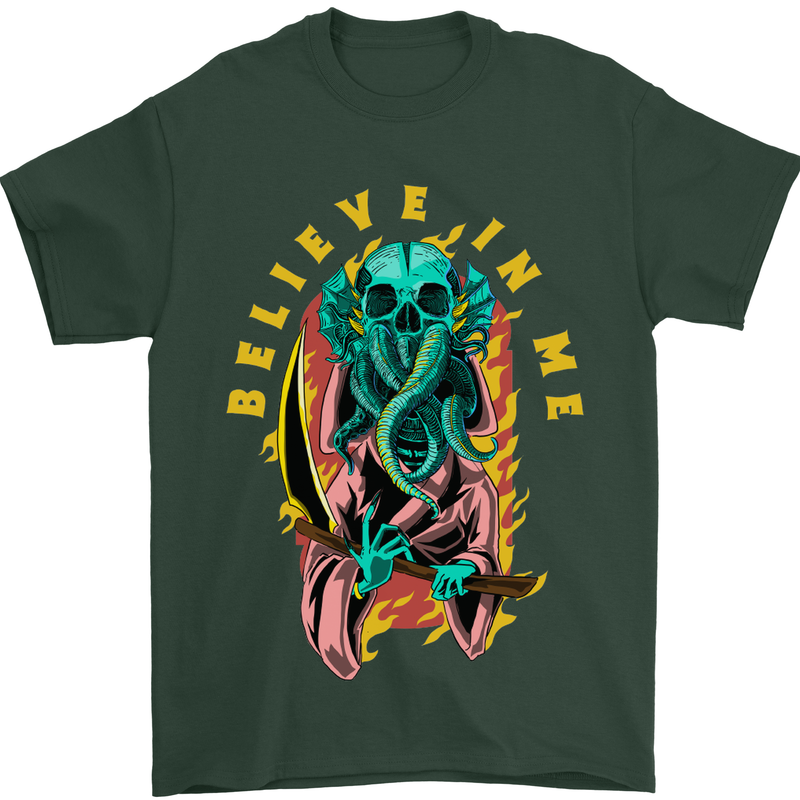 Cthulhu Believe in Me Octopus Kraken Skull Mens T-Shirt Cotton Gildan Forest Green