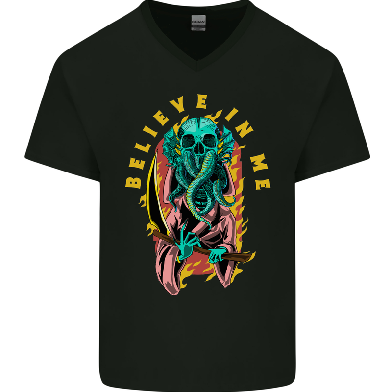 Cthulhu Believe in Me Octopus Kraken Skull Mens V-Neck Cotton T-Shirt Black