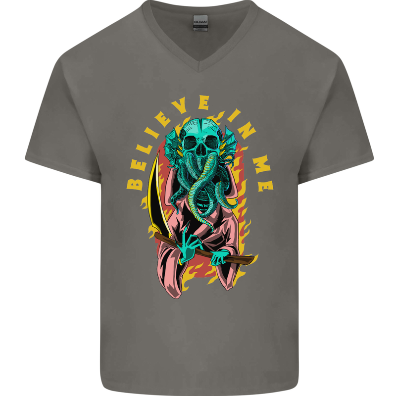 Cthulhu Believe in Me Octopus Kraken Skull Mens V-Neck Cotton T-Shirt Charcoal