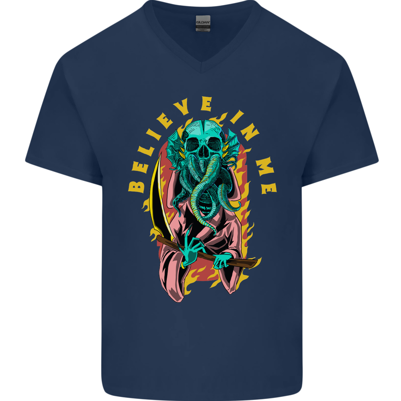 Cthulhu Believe in Me Octopus Kraken Skull Mens V-Neck Cotton T-Shirt Navy Blue