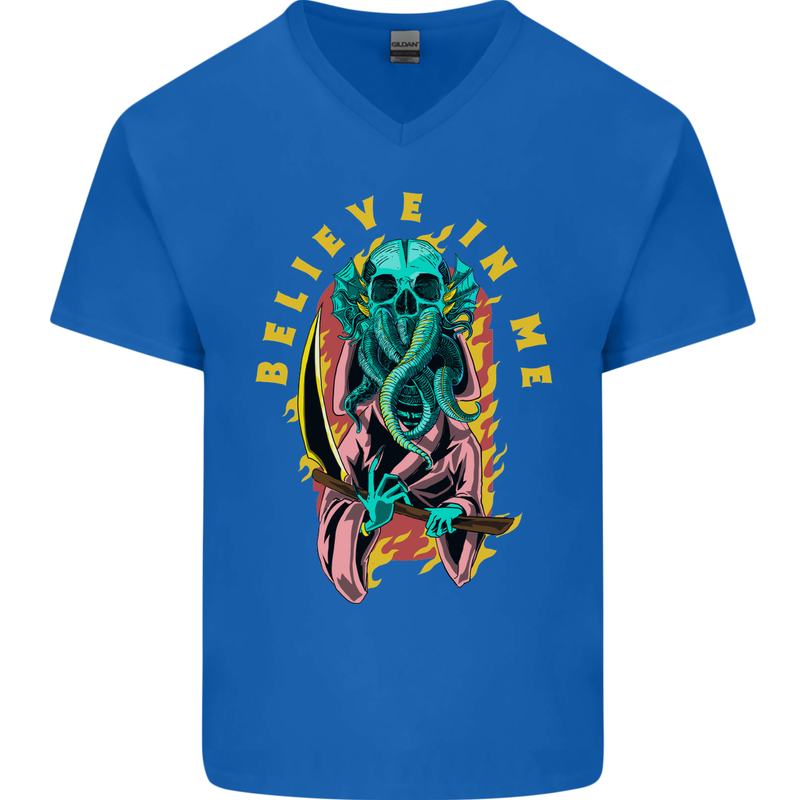 Cthulhu Believe in Me Octopus Kraken Skull Mens V-Neck Cotton T-Shirt Royal Blue