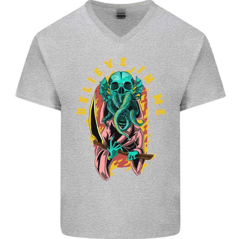 Cthulhu Believe in Me Octopus Kraken Skull Mens V-Neck Cotton T-Shirt Sports Grey