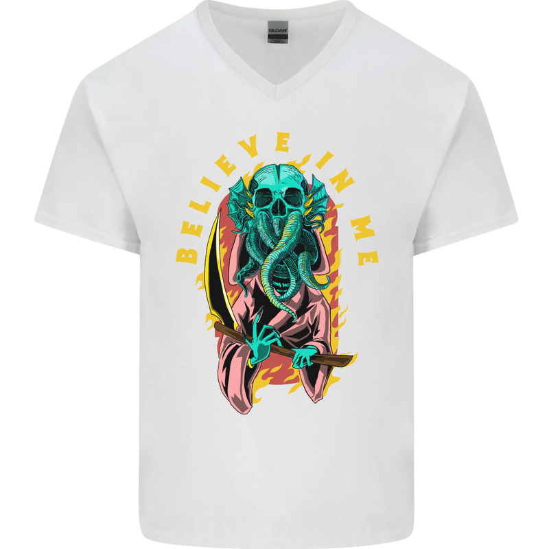 Cthulhu Believe in Me Octopus Kraken Skull Mens V-Neck Cotton T-Shirt White