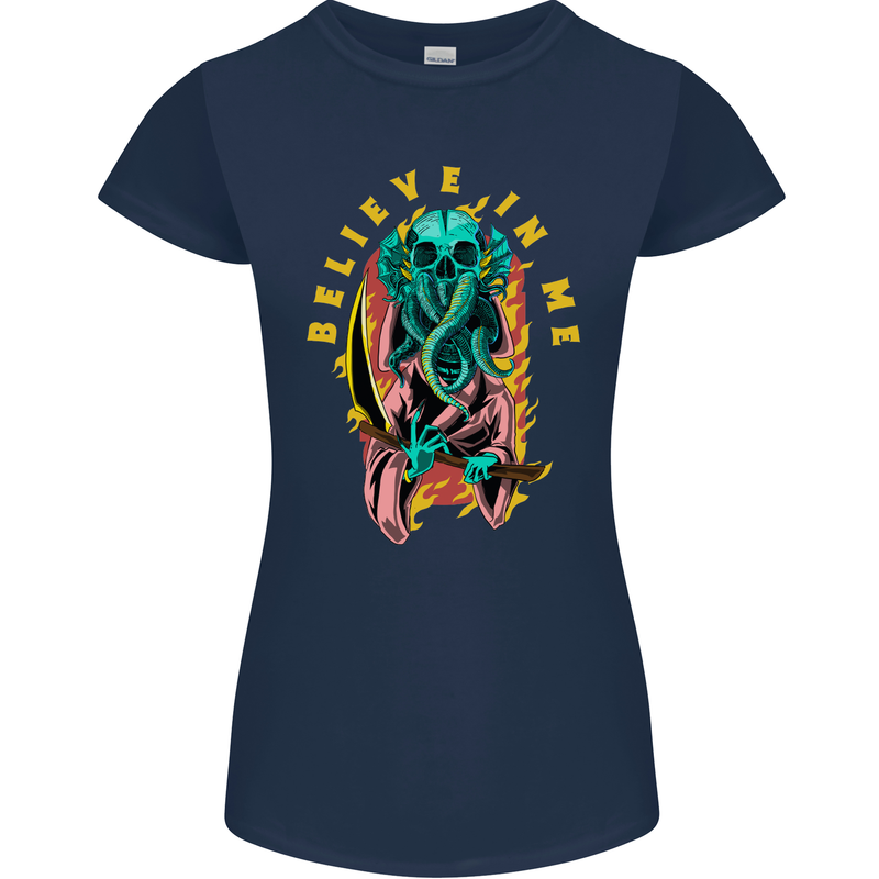 Cthulhu Believe in Me Octopus Kraken Skull Womens Petite Cut T-Shirt Navy Blue