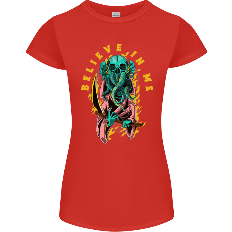 Cthulhu Believe in Me Octopus Kraken Skull Womens Petite Cut T-Shirt Red