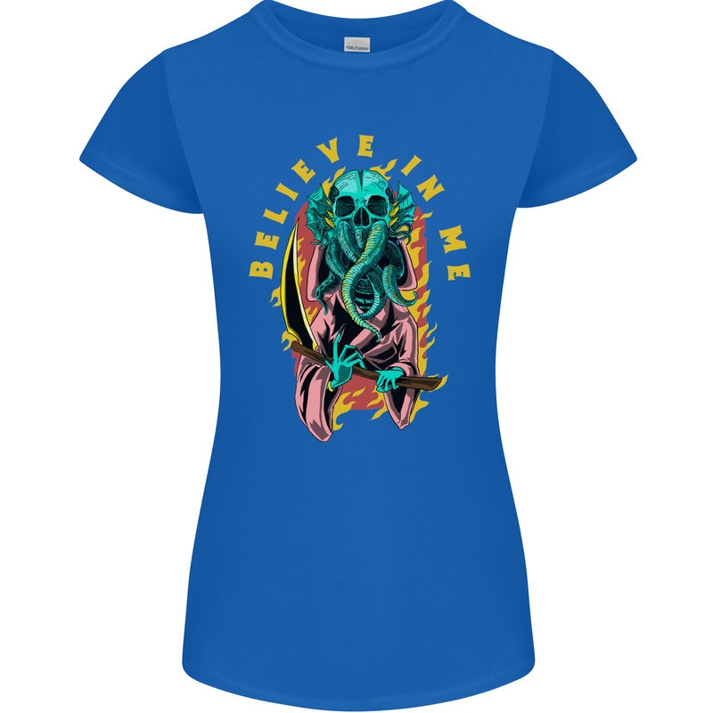 Cthulhu Believe in Me Octopus Kraken Skull Womens Petite Cut T-Shirt Royal Blue