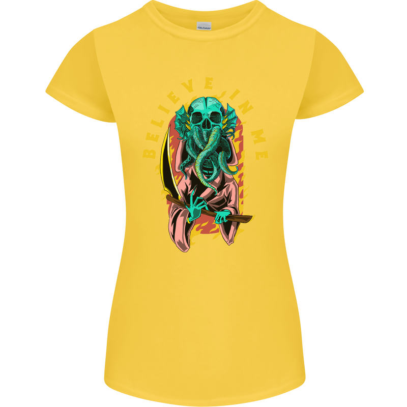 Cthulhu Believe in Me Octopus Kraken Skull Womens Petite Cut T-Shirt Yellow