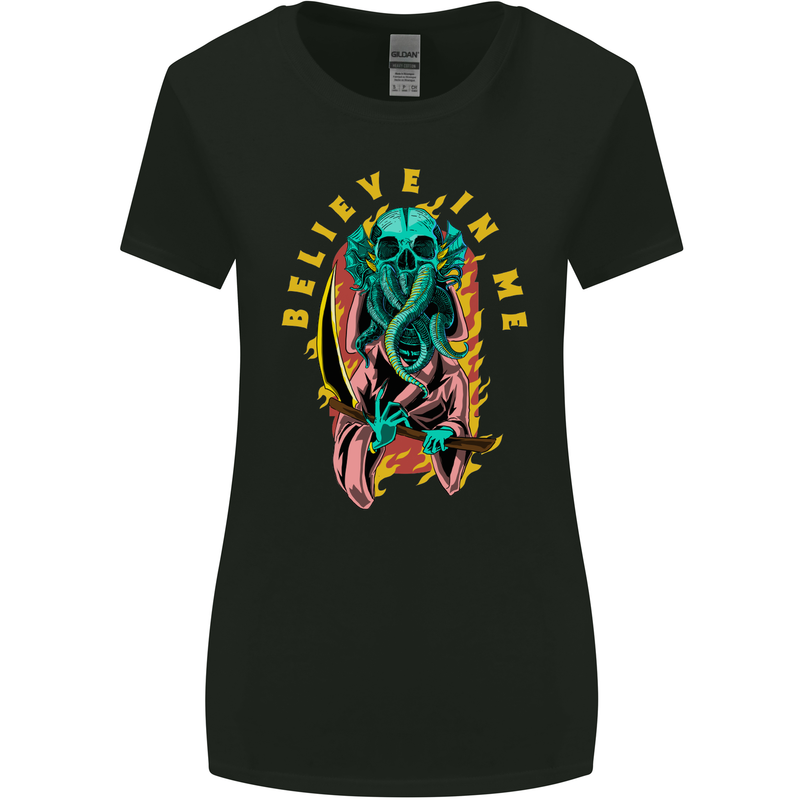 Cthulhu Believe in Me Octopus Kraken Skull Womens Wider Cut T-Shirt Black