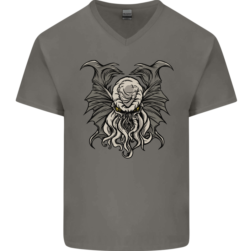 Cthulhu Entity Kraken Mens V-Neck Cotton T-Shirt Charcoal