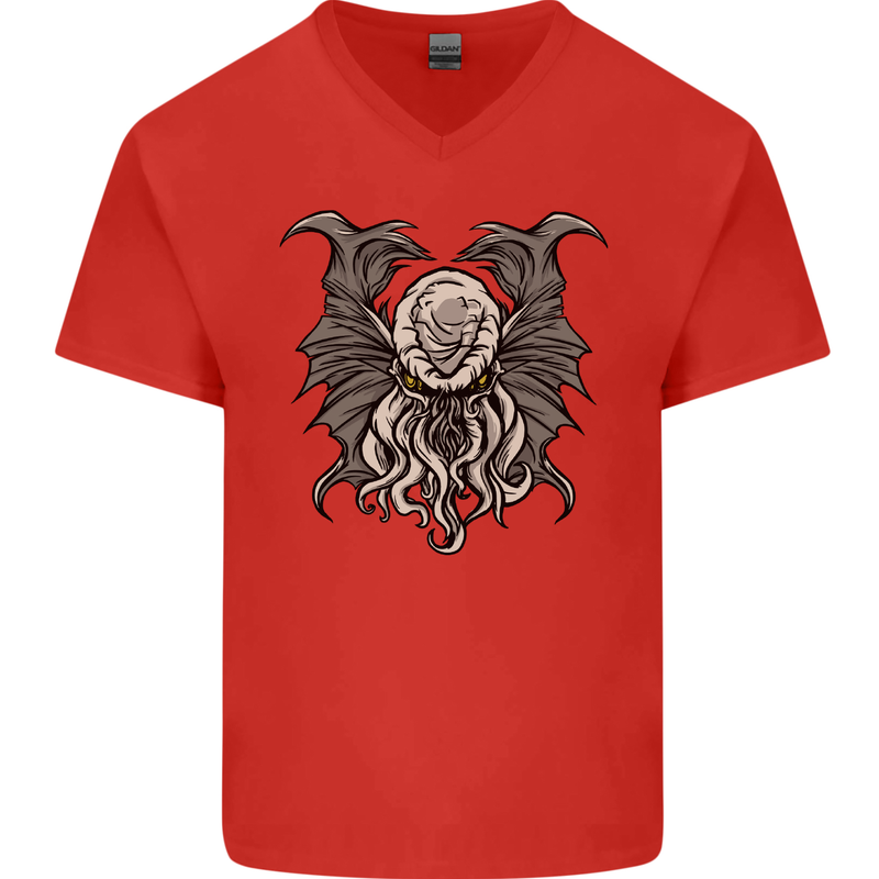Cthulhu Entity Kraken Mens V-Neck Cotton T-Shirt Red