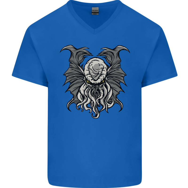 Cthulhu Entity Kraken Mens V-Neck Cotton T-Shirt Royal Blue