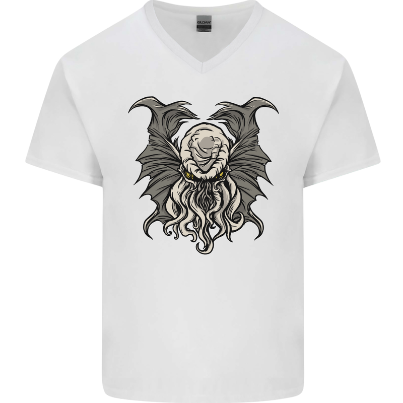 Cthulhu Entity Kraken Mens V-Neck Cotton T-Shirt White