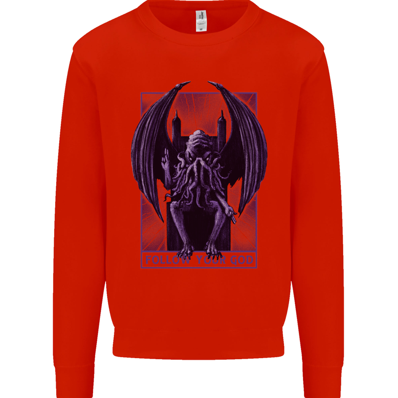 Cthulhu Follow Your God Kraken Mythology Kids Sweatshirt Jumper Bright Red