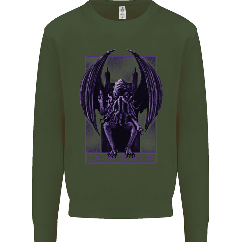 Cthulhu Follow Your God Kraken Mythology Kids Sweatshirt Jumper Forest Green
