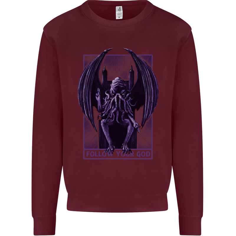Cthulhu Follow Your God Kraken Mythology Kids Sweatshirt Jumper Maroon