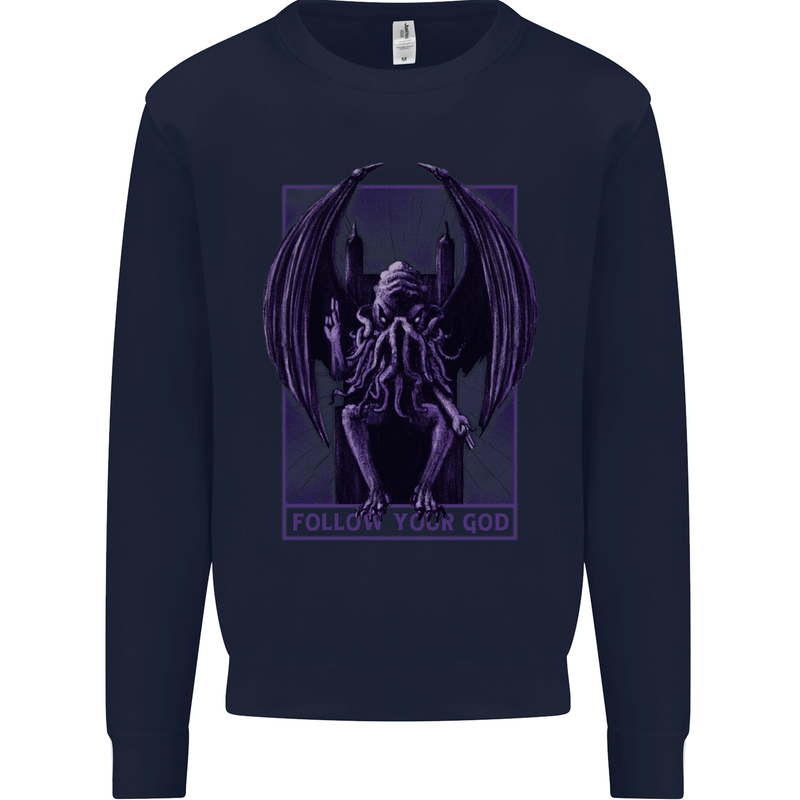Cthulhu Follow Your God Kraken Mythology Kids Sweatshirt Jumper Navy Blue