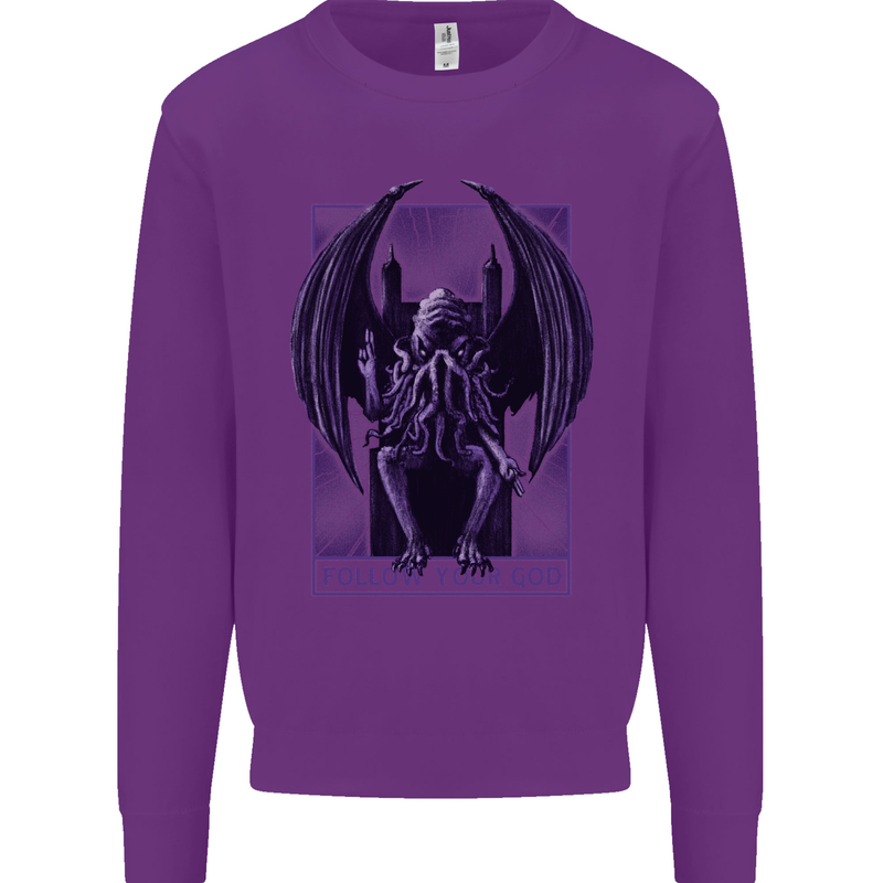 Cthulhu Follow Your God Kraken Mythology Kids Sweatshirt Jumper Purple