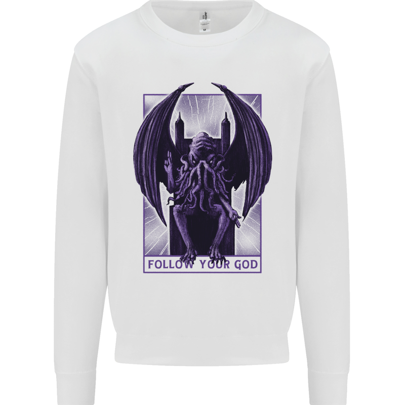 Cthulhu Follow Your God Kraken Mythology Kids Sweatshirt Jumper White