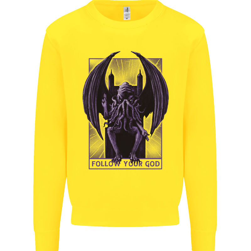 Cthulhu Follow Your God Kraken Mythology Kids Sweatshirt Jumper Yellow