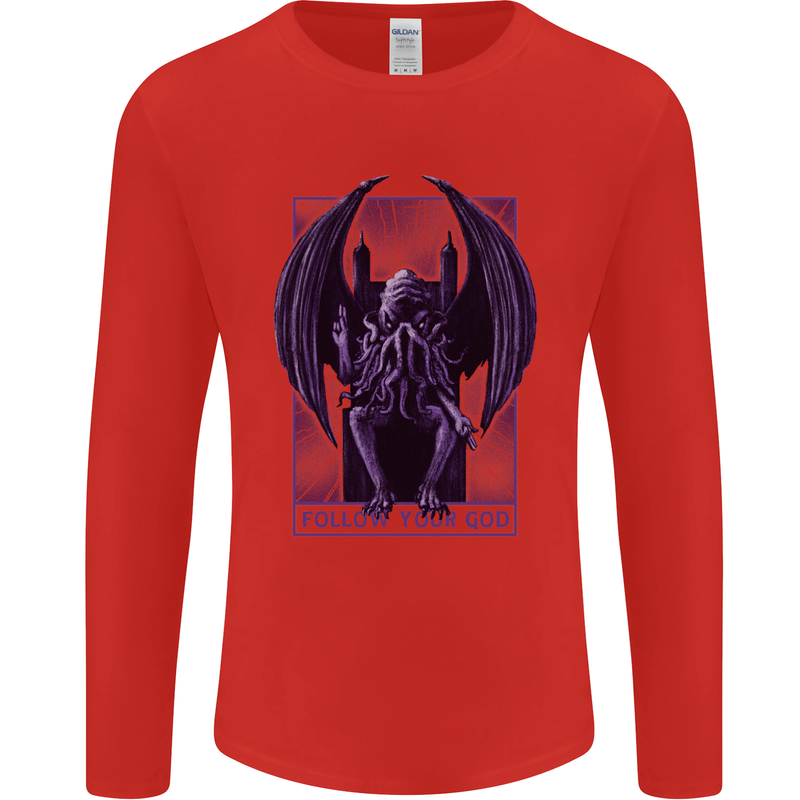 Cthulhu Follow Your God Kraken Mythology Mens Long Sleeve T-Shirt Red