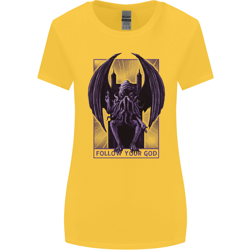 Cthulhu Follow Your God Kraken Mythology Womens Wider Cut T-Shirt Yellow