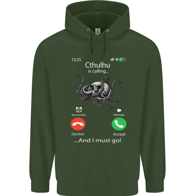 Cthulhu Is Calling Funny Kraken Mens 80% Cotton Hoodie Forest Green