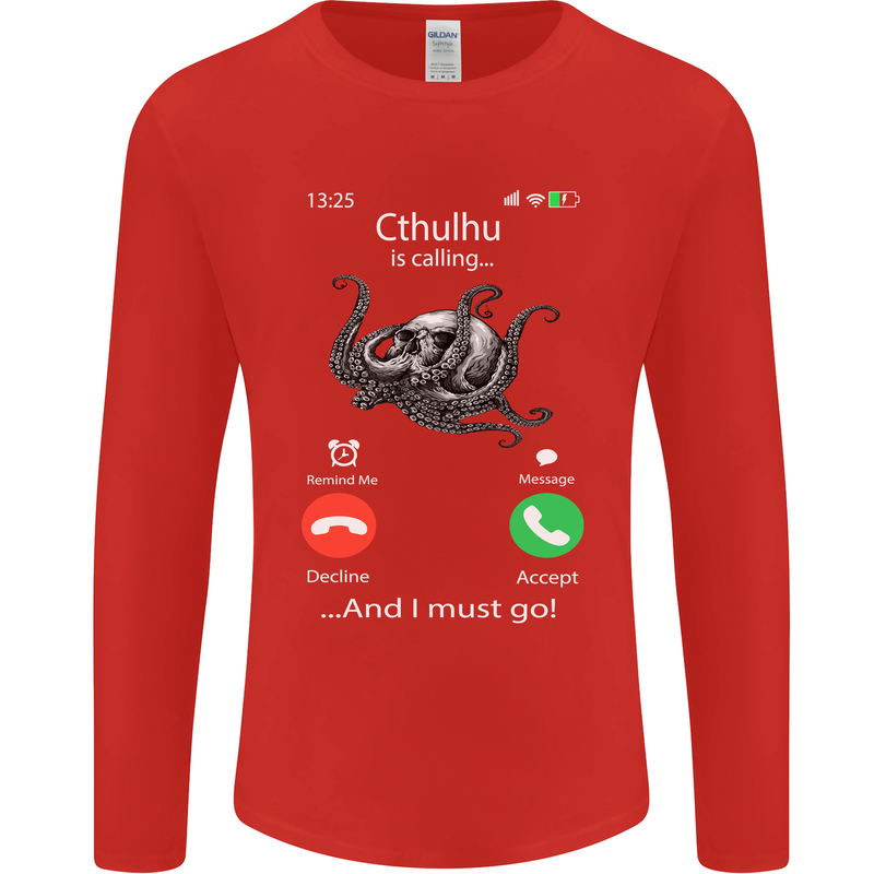 Cthulhu Is Calling Funny Kraken Mens Long Sleeve T-Shirt Red