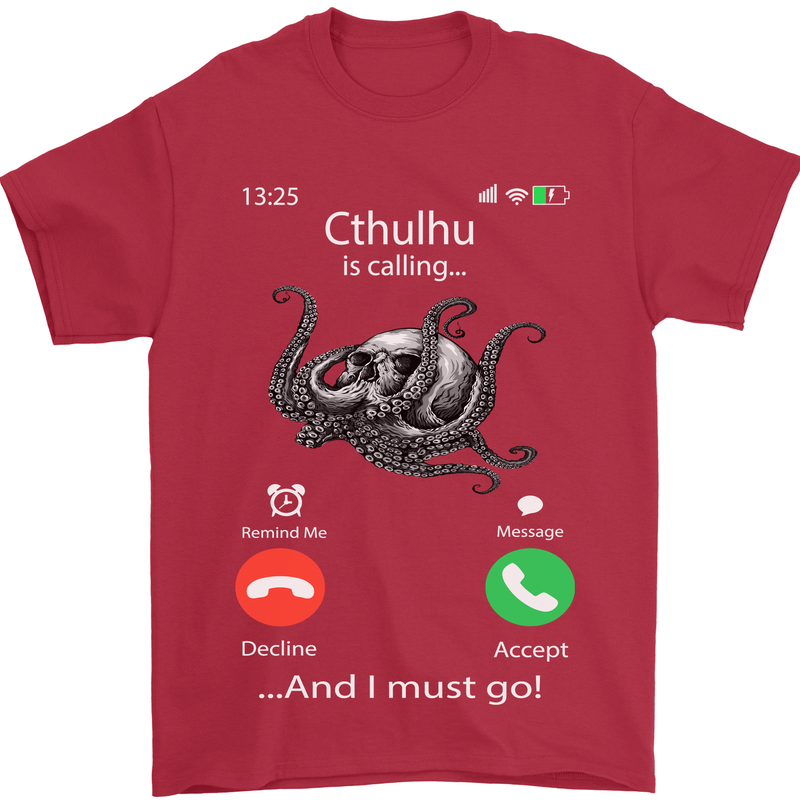 Cthulhu Is Calling Funny Kraken Mens T-Shirt Cotton Gildan Red