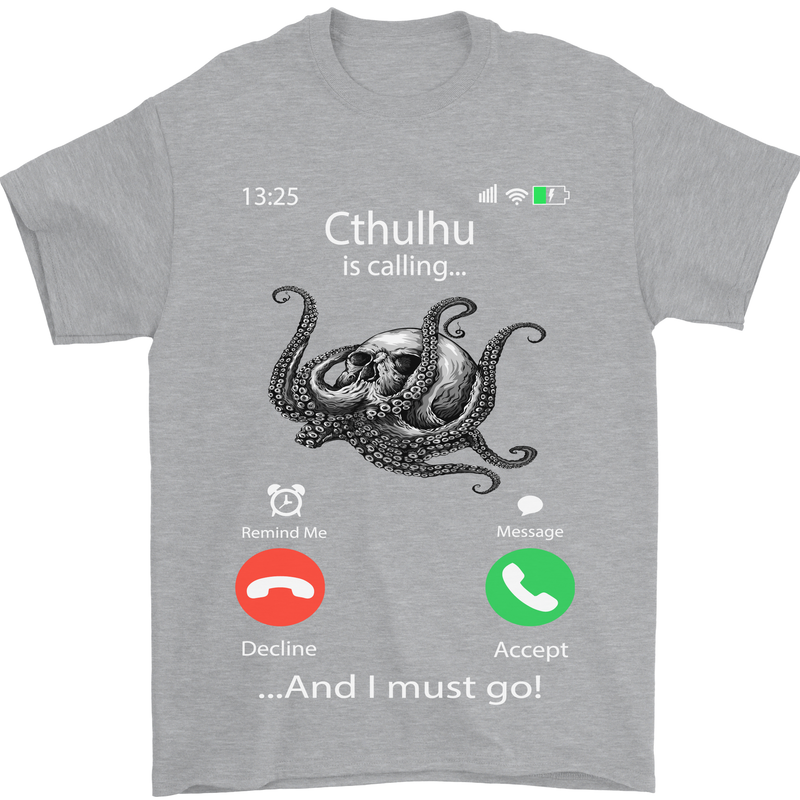 Cthulhu Is Calling Funny Kraken Mens T-Shirt Cotton Gildan Sports Grey