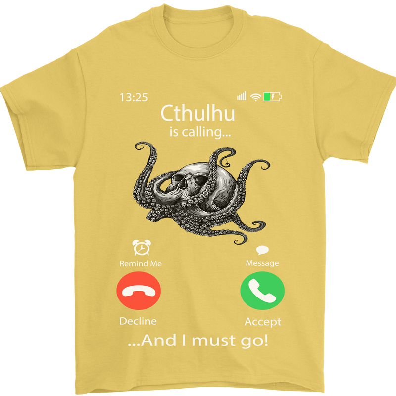 Cthulhu Is Calling Funny Kraken Mens T-Shirt Cotton Gildan Yellow